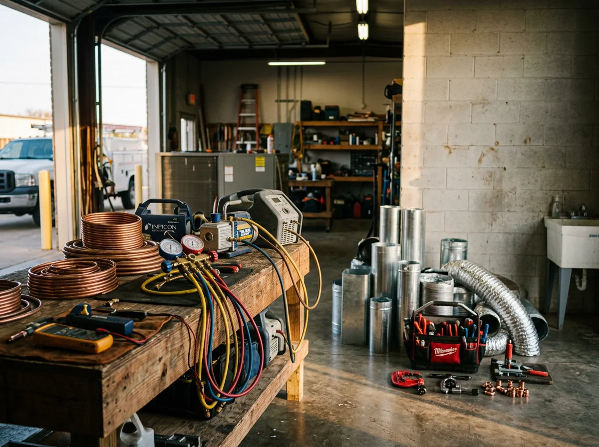 HVAC technician tools and equipment ready for service calls, representing professional mechanical and refrigeration work.