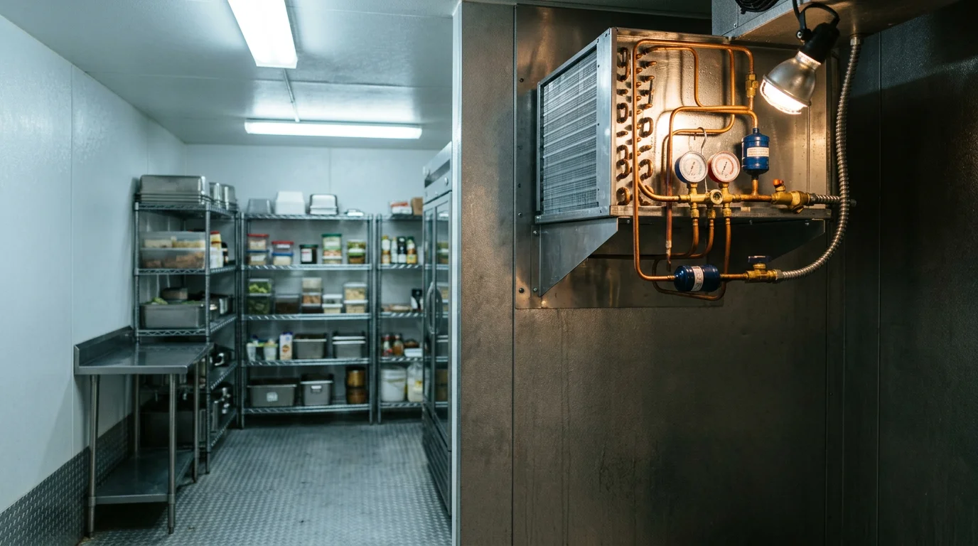 Technician servicing commercial refrigeration equipment