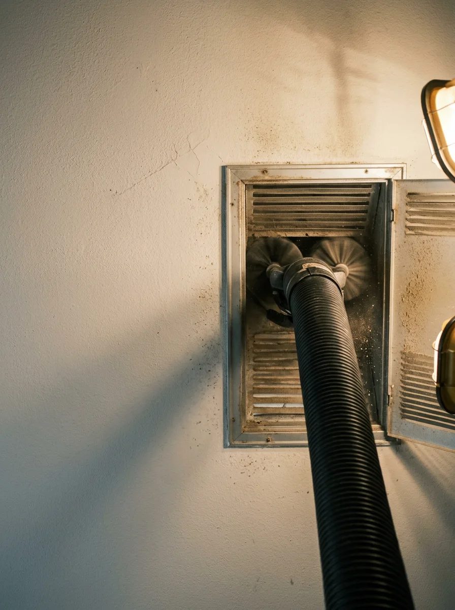 Interior view of a duct cleaning service in progress inside a 1970s-era home in Abilene, TX, showing the technician's equipment inserted into a ceiling vent.