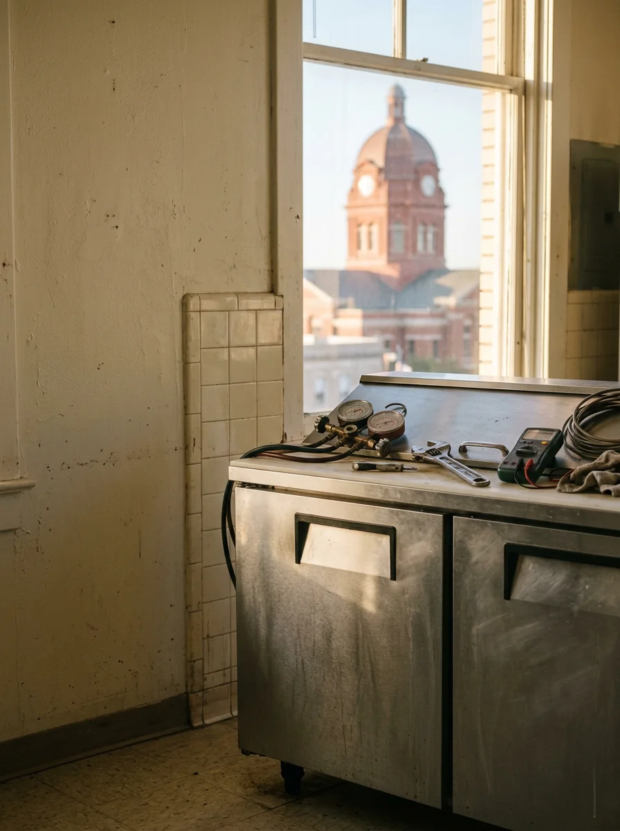 Commercial refrigeration unit being serviced by a technician in a Brownwood, Texas food service business, with the Brown County Courthouse visible through the window.