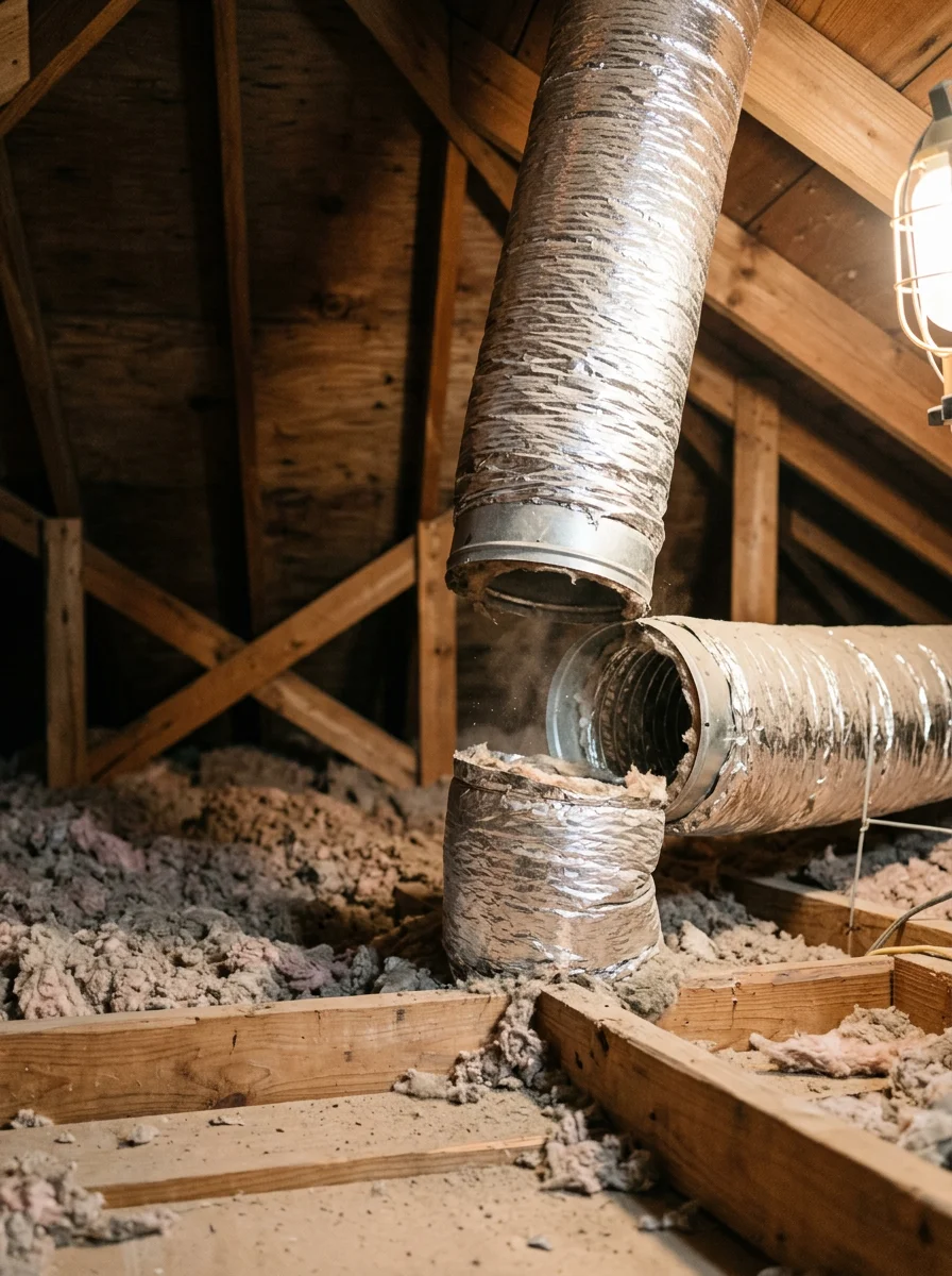 Disconnected flex duct joint in a Cisco, TX home attic showing the gap where conditioned air escapes into the attic space instead of reaching the living area.