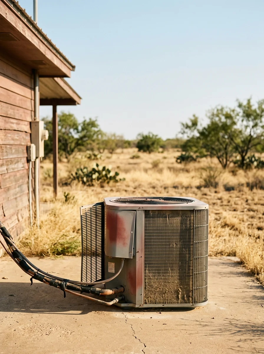 Outdoor condenser unit at a Coleman County, Texas property showing heat stress wear, with dry west Texas terrain and open acreage visible in the background.