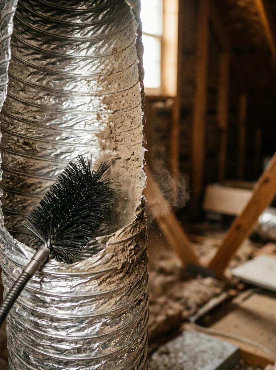 Close-up of a duct cleaning tool inside a flex duct in a Brown County, Texas home, showing dust buildup removed during service.
