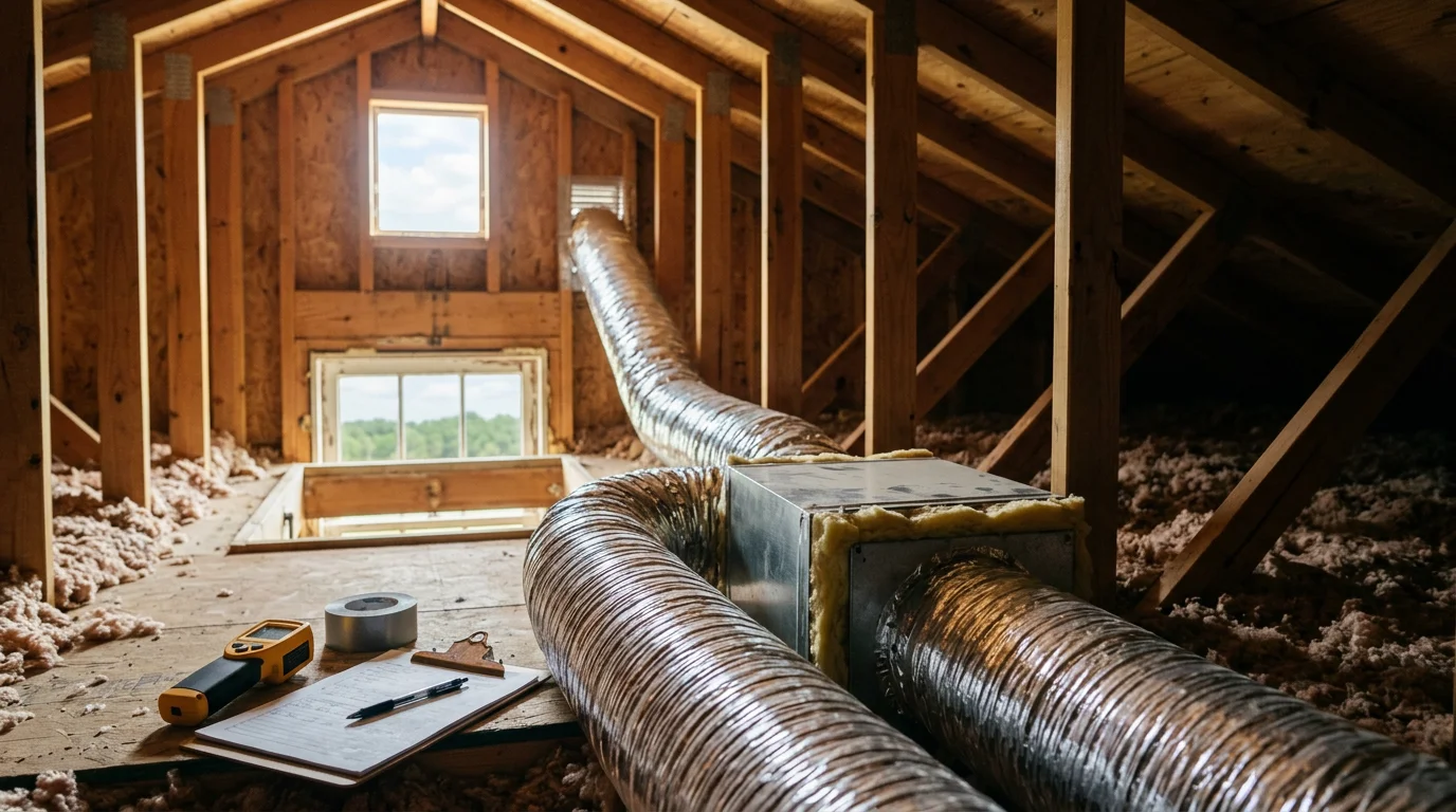 HVAC technician inspecting a residential duct system in a single-family home in Early, Texas, with the Pecan Bayou visible through the window.