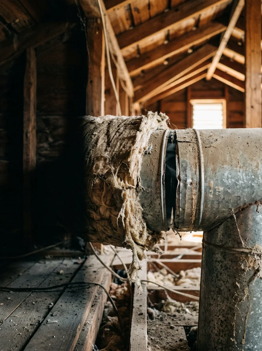 Close-up of a disconnected duct joint in an older Eastland County home attic, showing the gap where conditioned air escapes before reaching living spaces.