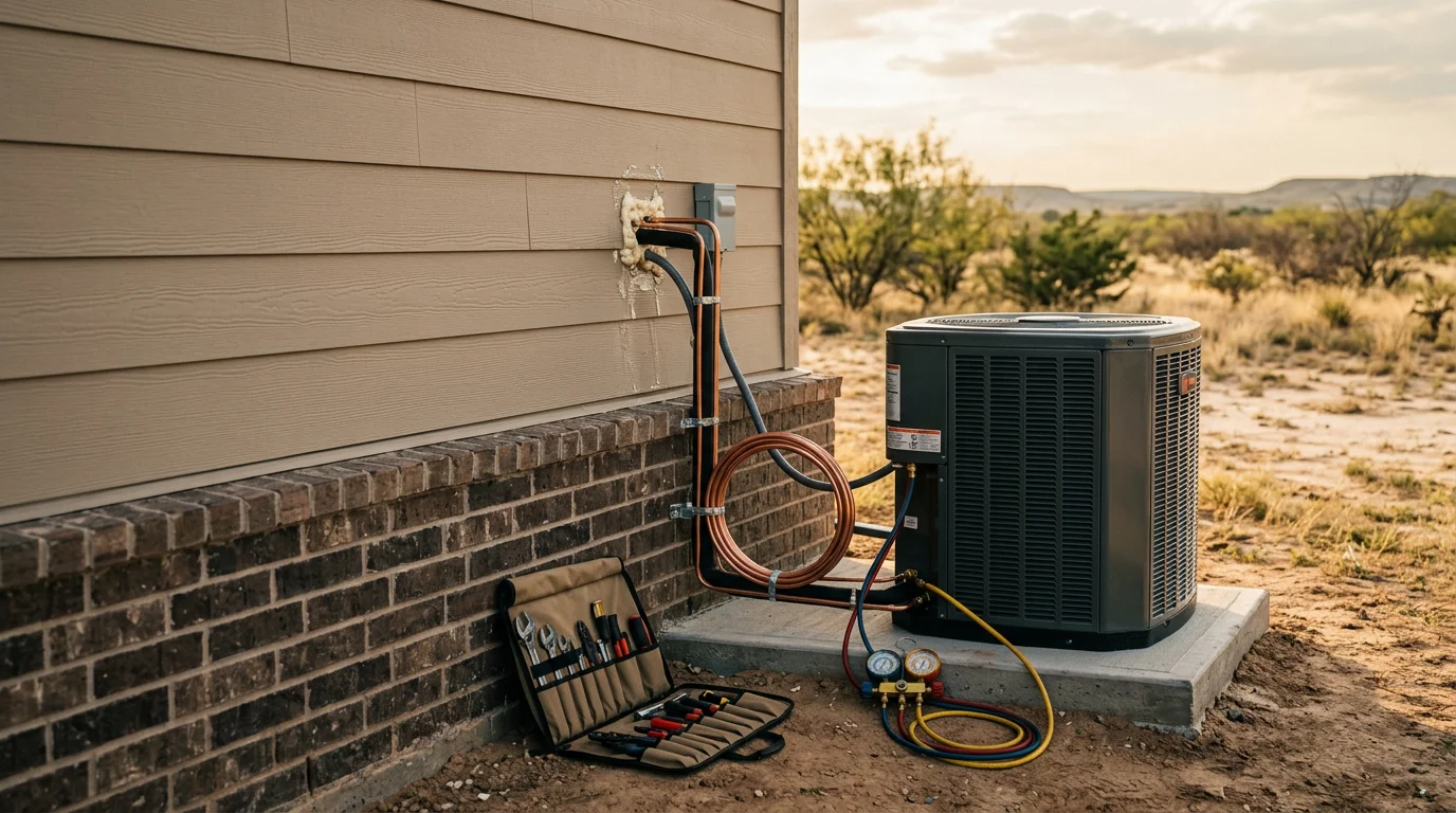 An HVAC technician completing an outdoor condenser unit installation at a residential home in Early, Texas. The unit is mounted on a concrete pad beside the house with clear sky and dry West Texas landscape in the background.