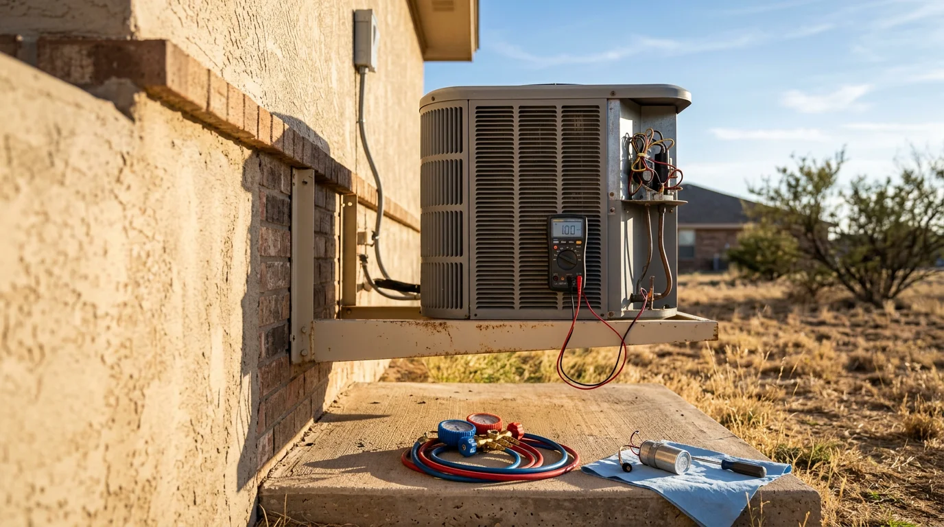 An Air One Mechanical HVAC technician inspecting an outdoor AC condenser unit at a residential home in Early, Texas. The technician is checking components on a sun-exposed unit typical of West Texas properties.