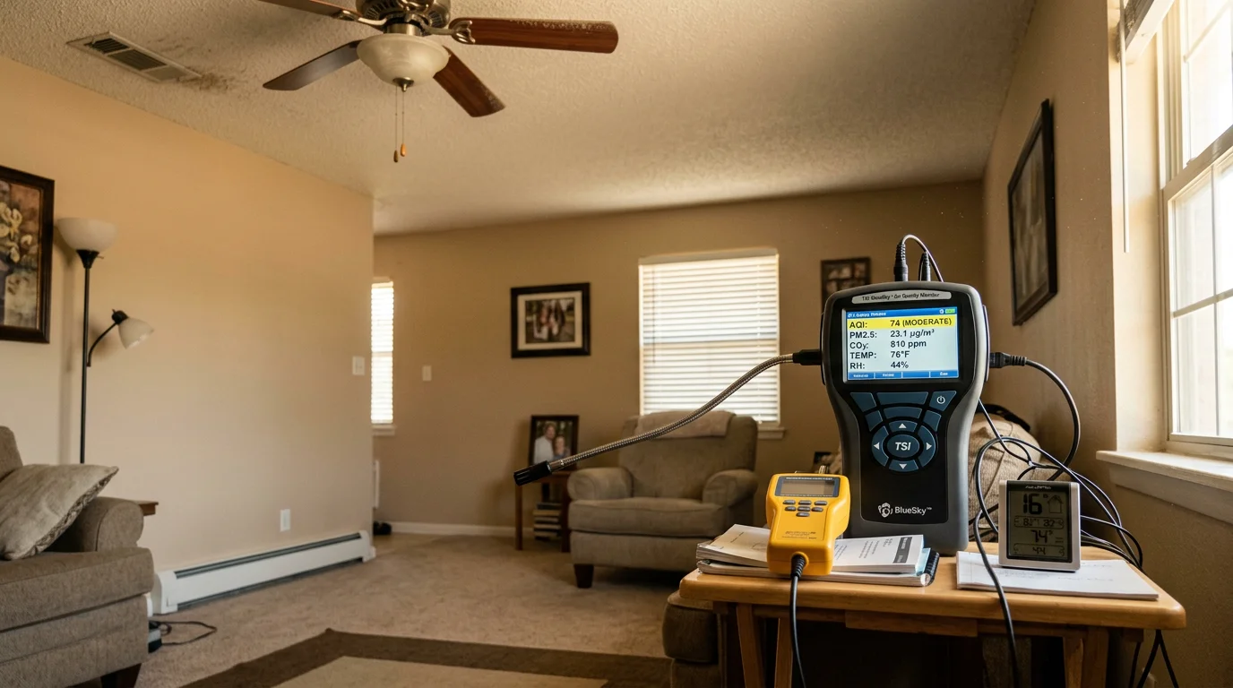 An HVAC technician using air sampling equipment inside a single-family home in Early, Texas, with dusty West Texas landscape visible through the window. The technician holds a testing device near a ceiling vent to measure indoor air contaminant levels.