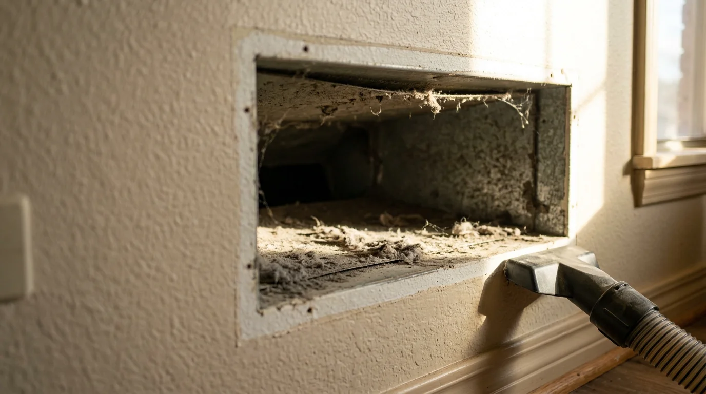 Air duct cleaning technician removing built-up dust and debris from a residential supply vent in an Early, Texas home. Cleaned ductwork interior visible with professional vacuum equipment in use.