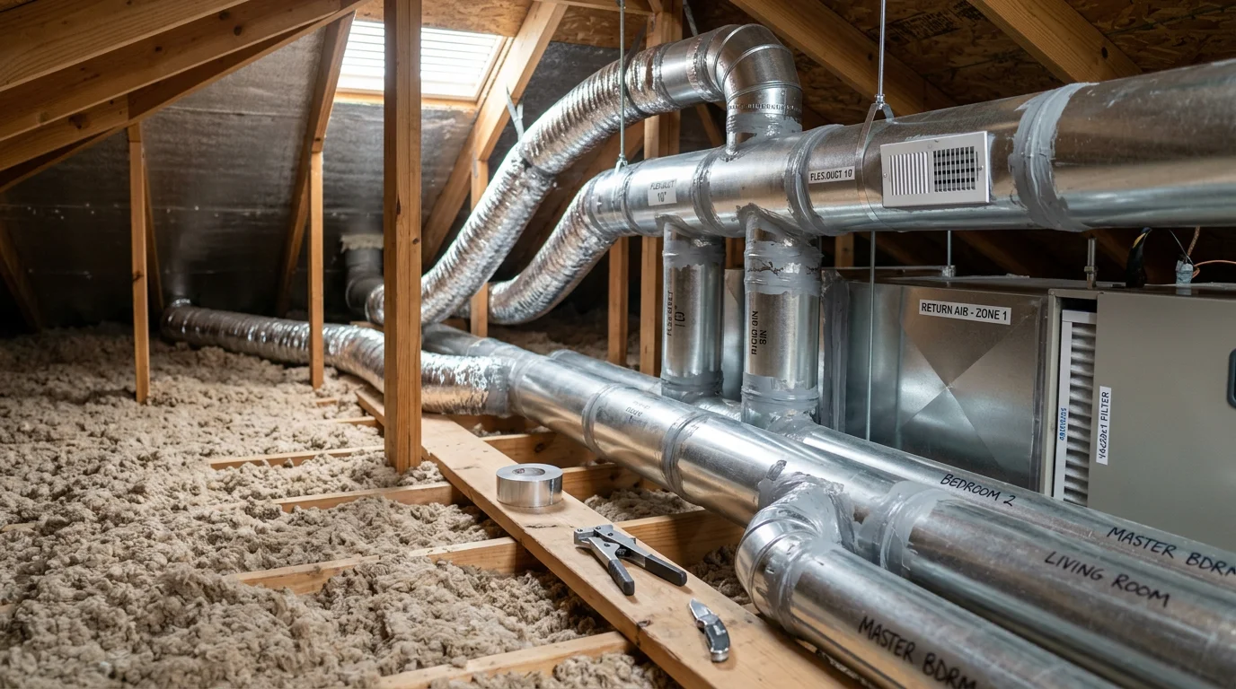 A technician from Air One Mechanical installing new ductwork in the attic of a residential home in Early, Texas. New metal and flexible duct runs are visible, routed to supply vents throughout the home.