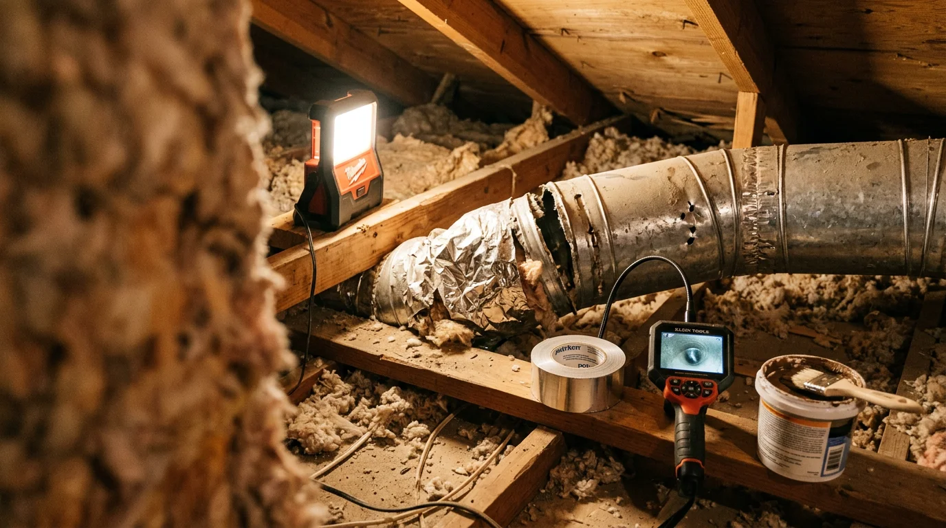 A technician inspecting and repairing a disconnected duct joint in the attic of a residential home in Early, Texas. The image shows exposed flexible ductwork with a repaired connection point and proper insulation restored around the joint.