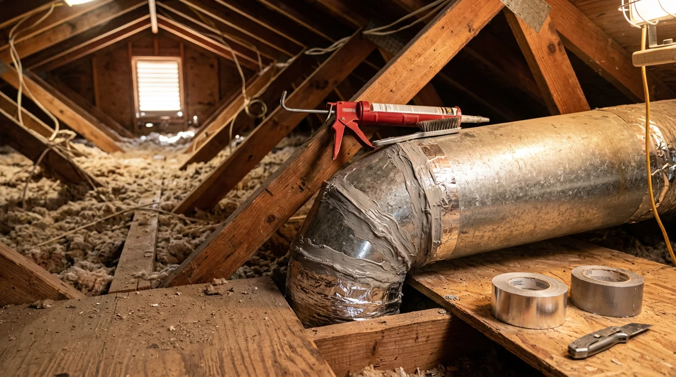 A technician inspecting and sealing duct joints in the attic of a residential home in Early, Texas. Visible duct connections are being addressed to stop conditioned air from escaping into the unconditioned attic space.