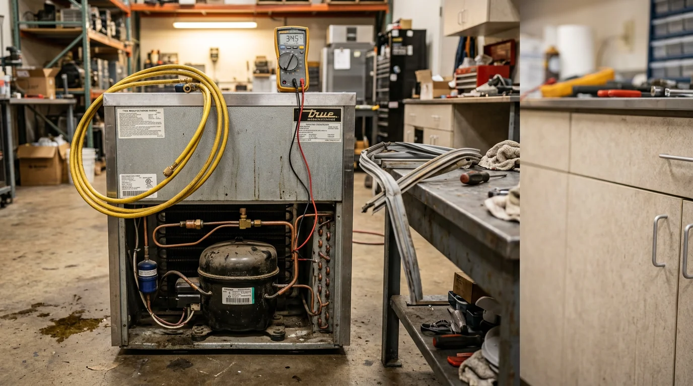 A residential upright freezer with its door open showing organized, properly frozen contents after a repair service call in Early, Texas. An Air One Mechanical technician inspects the interior components in a home setting.