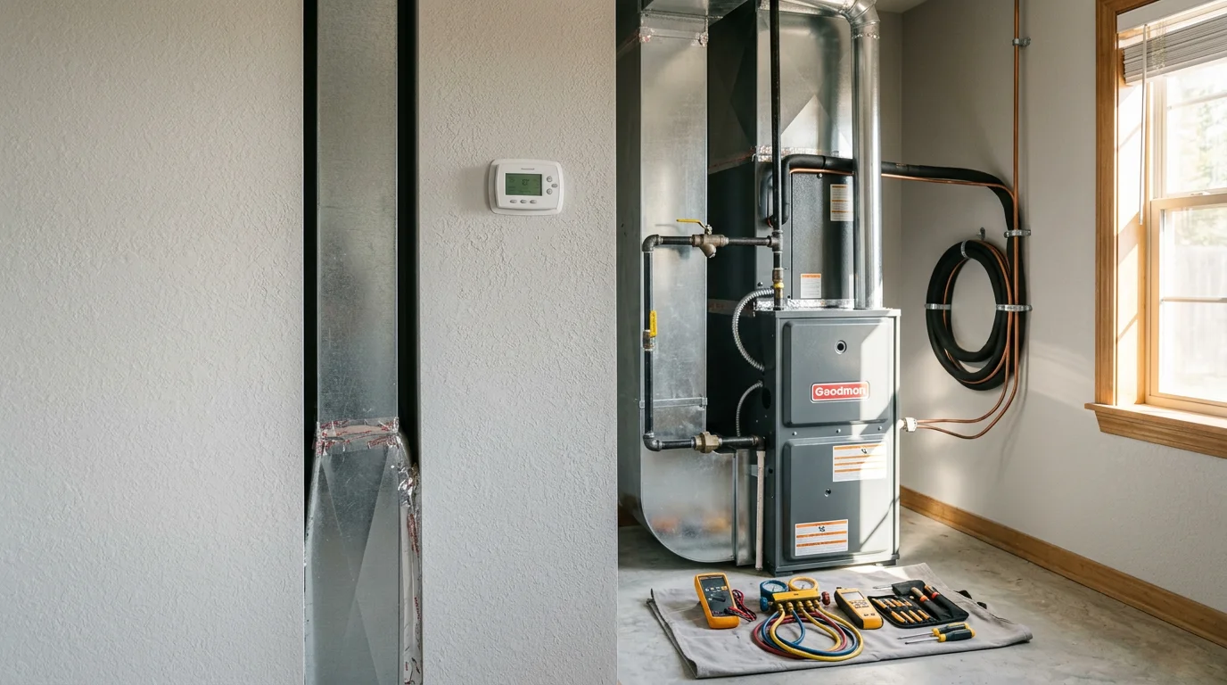 An HVAC technician from Air One Mechanical completing a heating system installation inside a single-story home in Early, Texas. The new indoor air handler unit is mounted and connected, with ductwork visible in the utility closet.