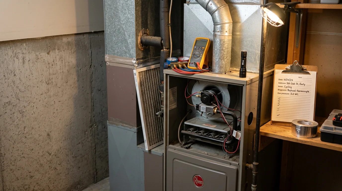 An HVAC technician inspecting a residential heating system inside a home in Early, Texas. The technician examines internal components of the unit during a heating repair service call.