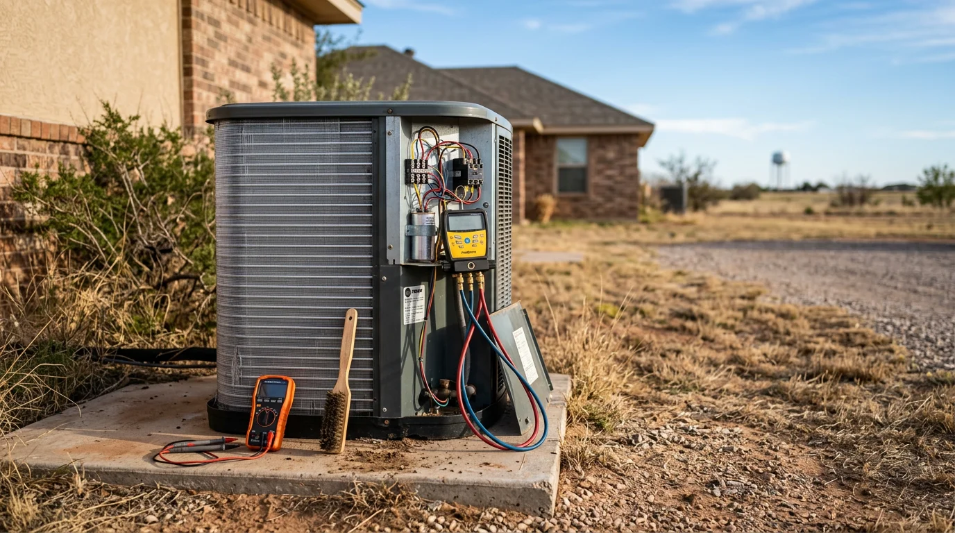 An HVAC technician inspecting and cleaning an outdoor condenser unit at a residential home in Early, Texas. The unit sits on a concrete pad beside a single-family house under a clear West Texas sky.