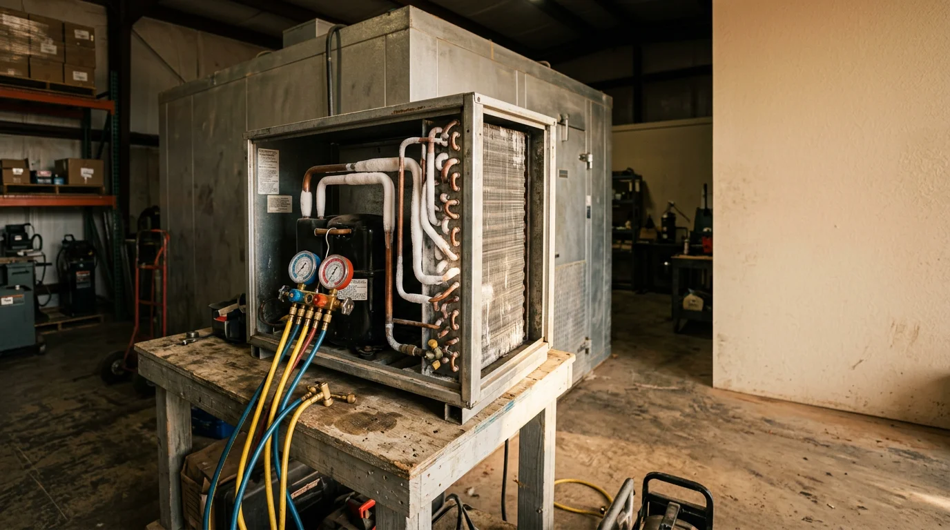 A technician checking refrigerant levels on a commercial refrigeration unit at a business in Early, Texas. Gauges are connected to the service port with the equipment running in a commercial setting.