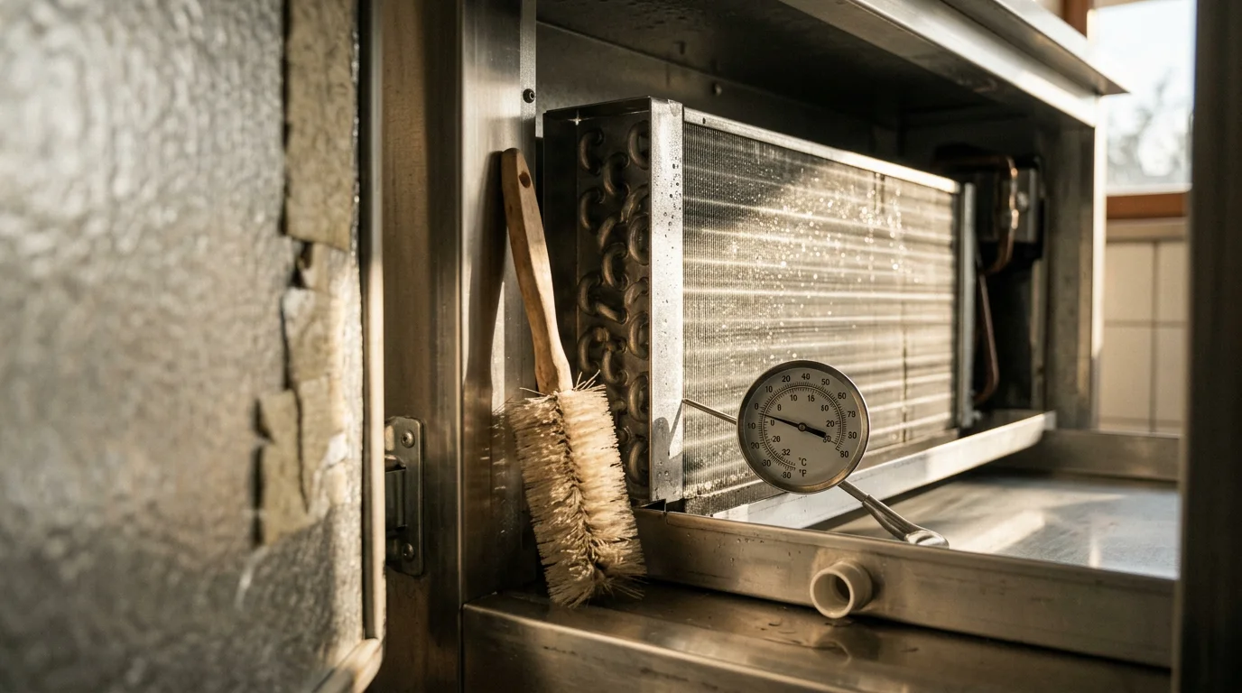 A technician from Air One Mechanical inspecting condenser coils on a commercial refrigeration unit at a business in Early, Texas. The equipment panel is open and the technician is performing a routine maintenance check.