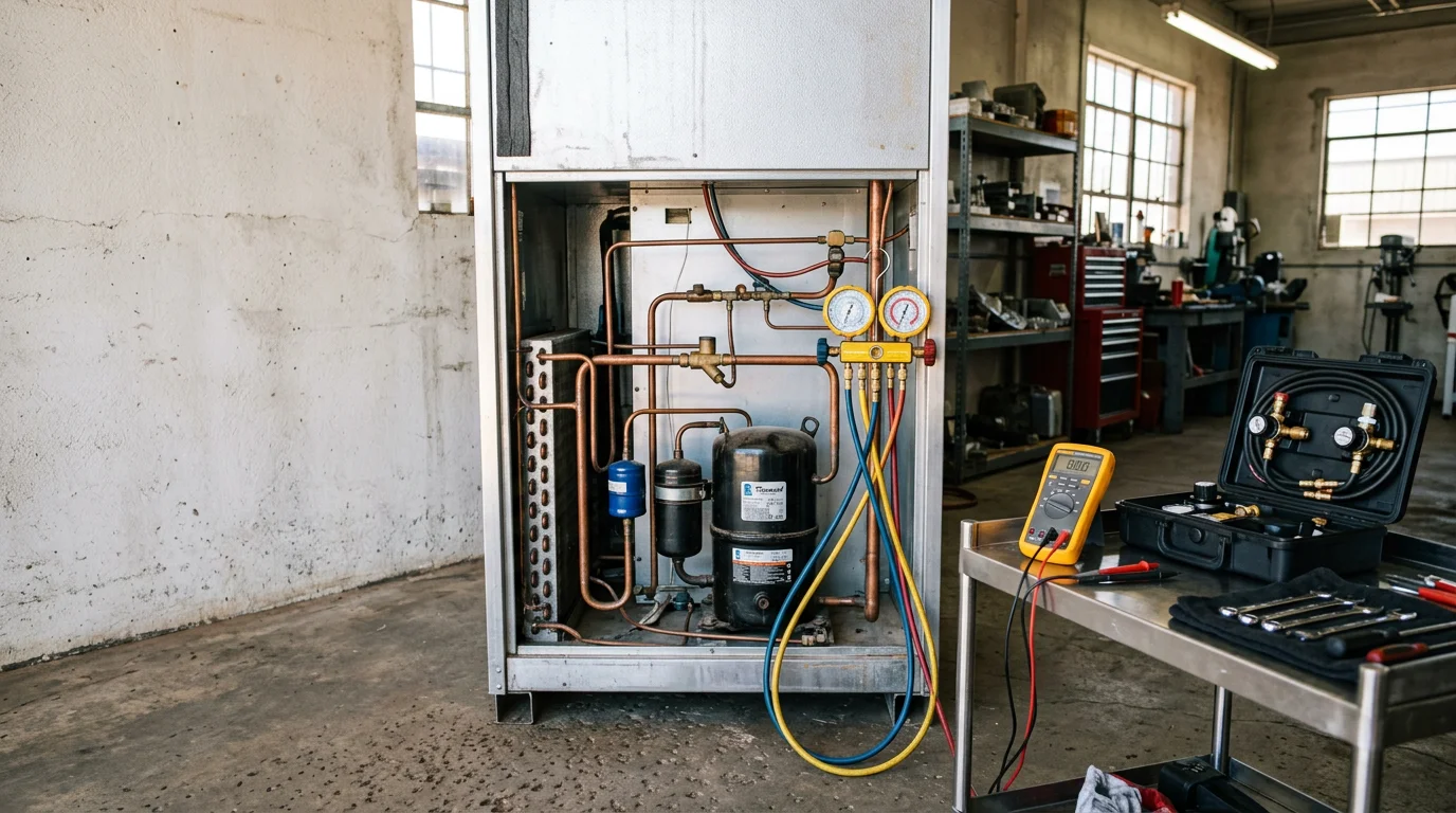 A technician inspecting the condenser coils and electrical components of a commercial refrigeration unit at a food service business in Early, Texas. The unit is open for diagnosis in a commercial kitchen setting.