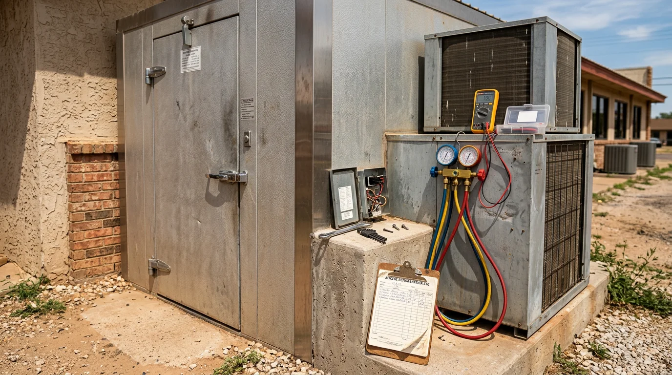 A commercial walk-in cooler interior in an Early, Texas food-service business, showing clean evaporator coils and properly sealed door gaskets after a repair service by Air One Mechanical.